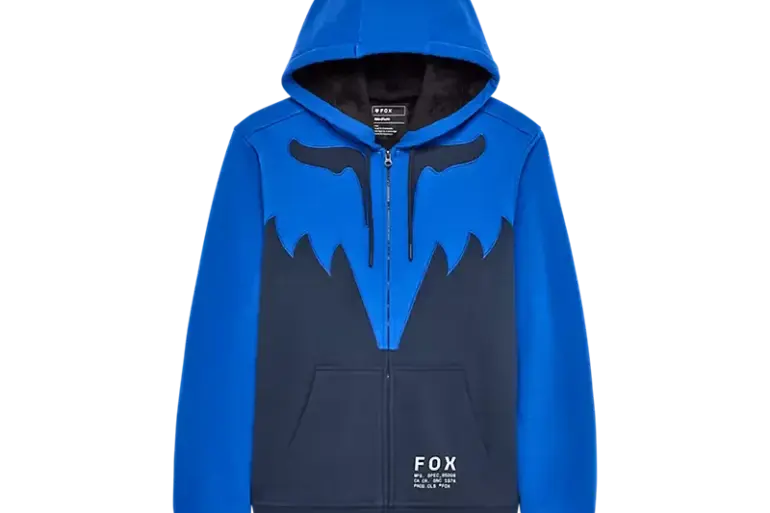 Blauer Fox Spire Sasquatch Kapuzenpullover mit Kunstpelzfutter und Reißverschluss.