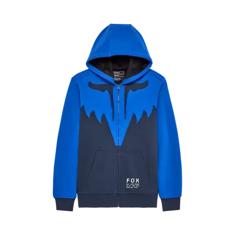 Blauer Fox Spire Sasquatch Kapuzenpullover mit Kunstpelzfutter und Reißverschluss.