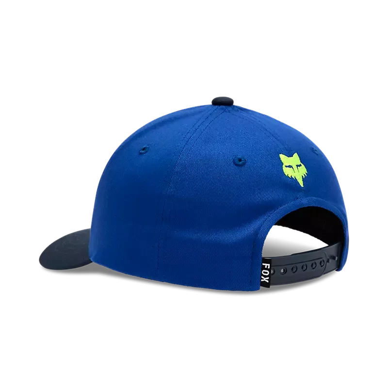 Blaue Snapback Kappe von Fox, Rückansicht mit Logo und Verstellverschluss.