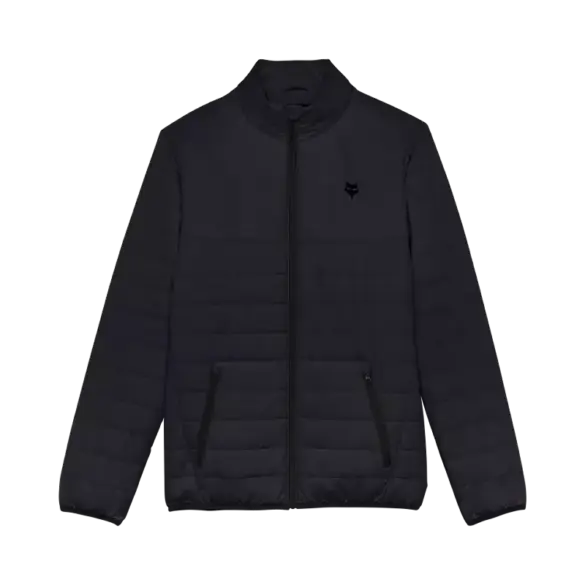 Schwarze Steppjacke Howell mit durchgehendem Reißverschluss und Stehkragen, von vorn fotografiert.