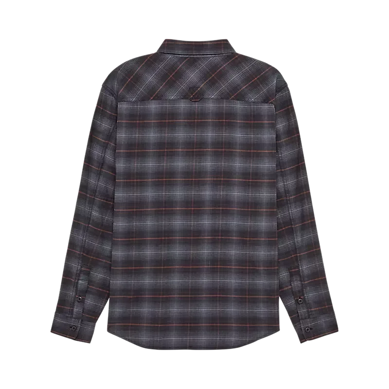 Rückansicht eines schwarzen Survivalist Stretch Flanell Langarmhemds mit Karomuster.