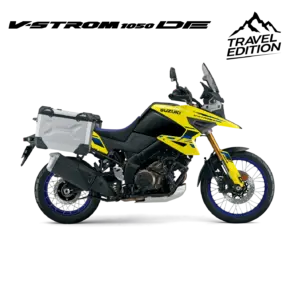 Suzuki V-Strom 1050DE Travel Edition, gelb-schwarz, Seitenansicht mit Aluminium-Koffern, Adventure-Bike für Straße und Gelände.