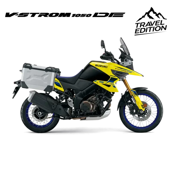 Suzuki V-Strom 1050DE Travel Edition, gelb-schwarz, Seitenansicht mit Aluminium-Koffern, Adventure-Bike für Straße und Gelände.