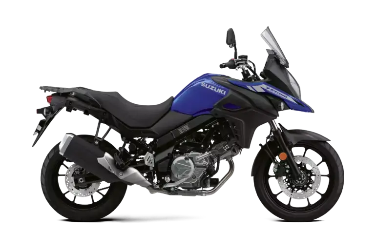 Suzuki V-Strom 650 2024 in Blau, Reise-Enduro von der Seite fotografiert