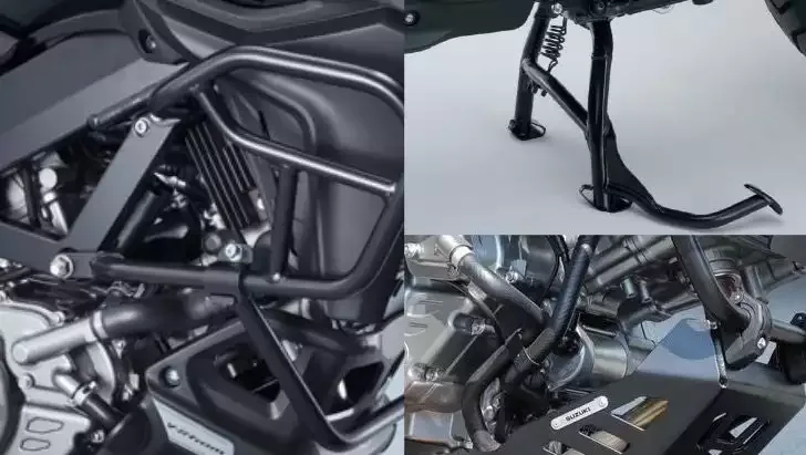Detailaufnahmen von Motorschutzbügel, Hauptständer und Unterfahrschutz an der Suzuki V-Strom 650