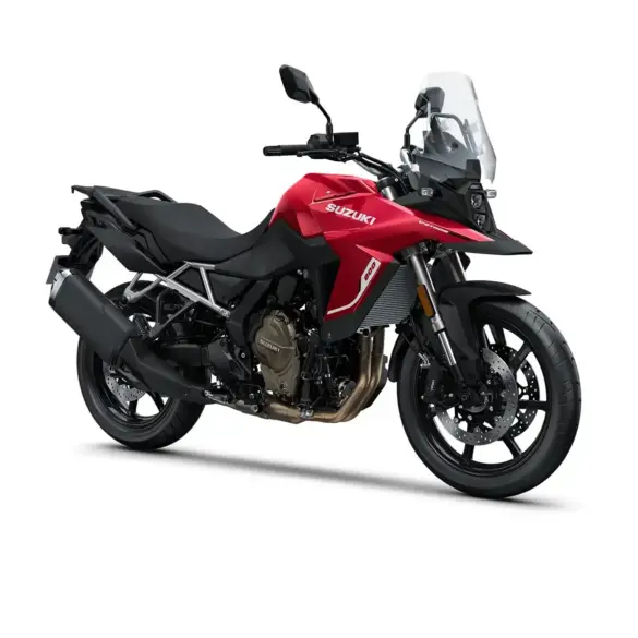 Suzuki V-Strom 800 Power Edition in roter Lackierung mit Windschild, gut sichtbar von rechts vorne.