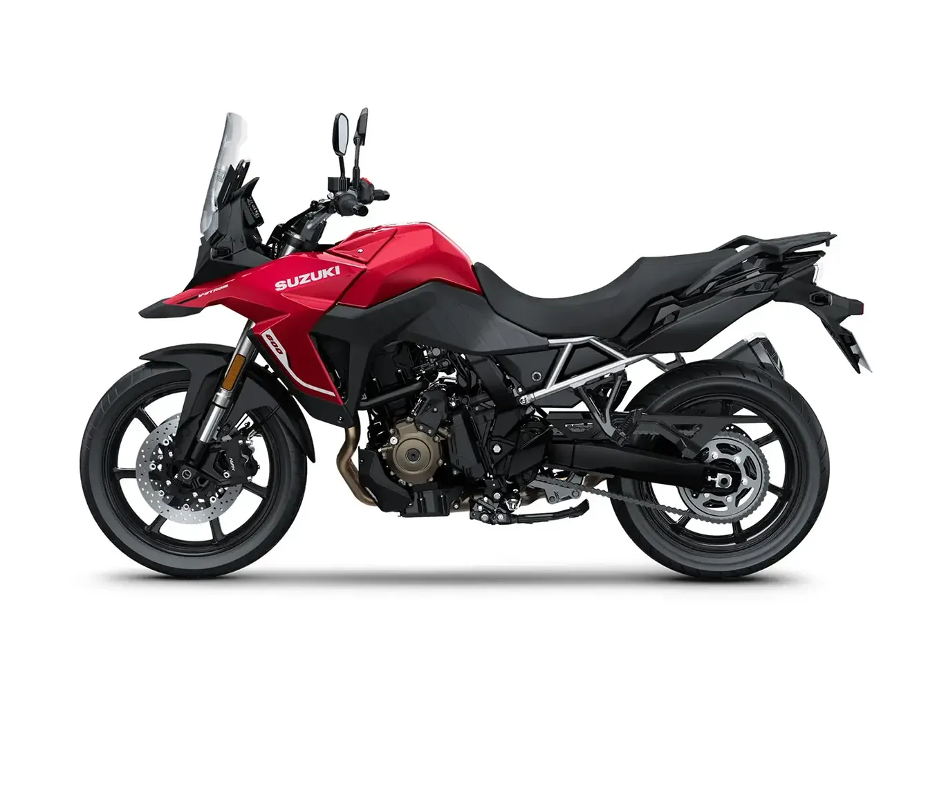 Suzuki V-Strom 800 Power Edition in roter Lackierung, von der Seite fotografiert.