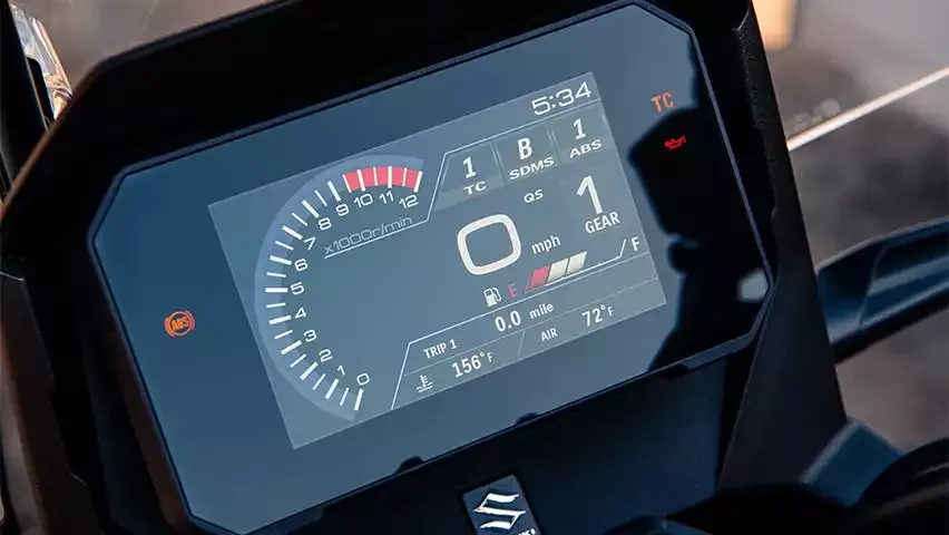 Digitales TFT-Display der Suzuki V-Strom 800 Power Edition mit Fahrmodus- und Assistenzsystem-Anzeigen