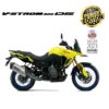 Gelbe Suzuki V-Strom 800DE Power Edition mit Akrapovič Endschalldämpfer, seitliche Ansicht