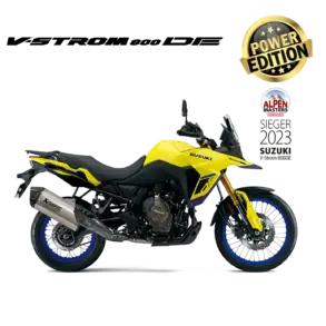 Gelbe Suzuki V-Strom 800DE Power Edition mit Akrapovič Endschalldämpfer, seitliche Ansicht