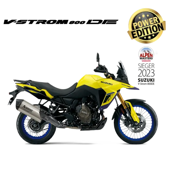 Gelbe Suzuki V-Strom 800DE Power Edition mit Akrapovič Endschalldämpfer, seitliche Ansicht