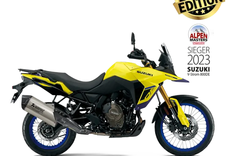 Gelbe Suzuki V-Strom 800DE Power Edition mit Akrapovič Endschalldämpfer, seitliche Ansicht
