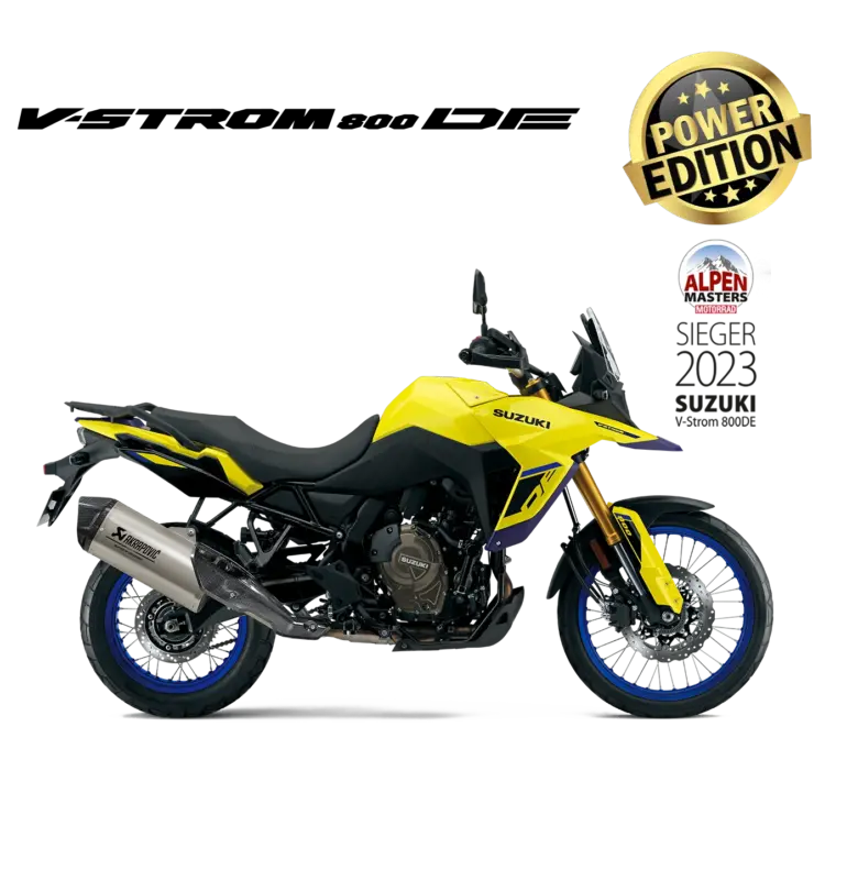 Gelbe Suzuki V-Strom 800DE Power Edition mit Akrapovič Endschalldämpfer, seitliche Ansicht