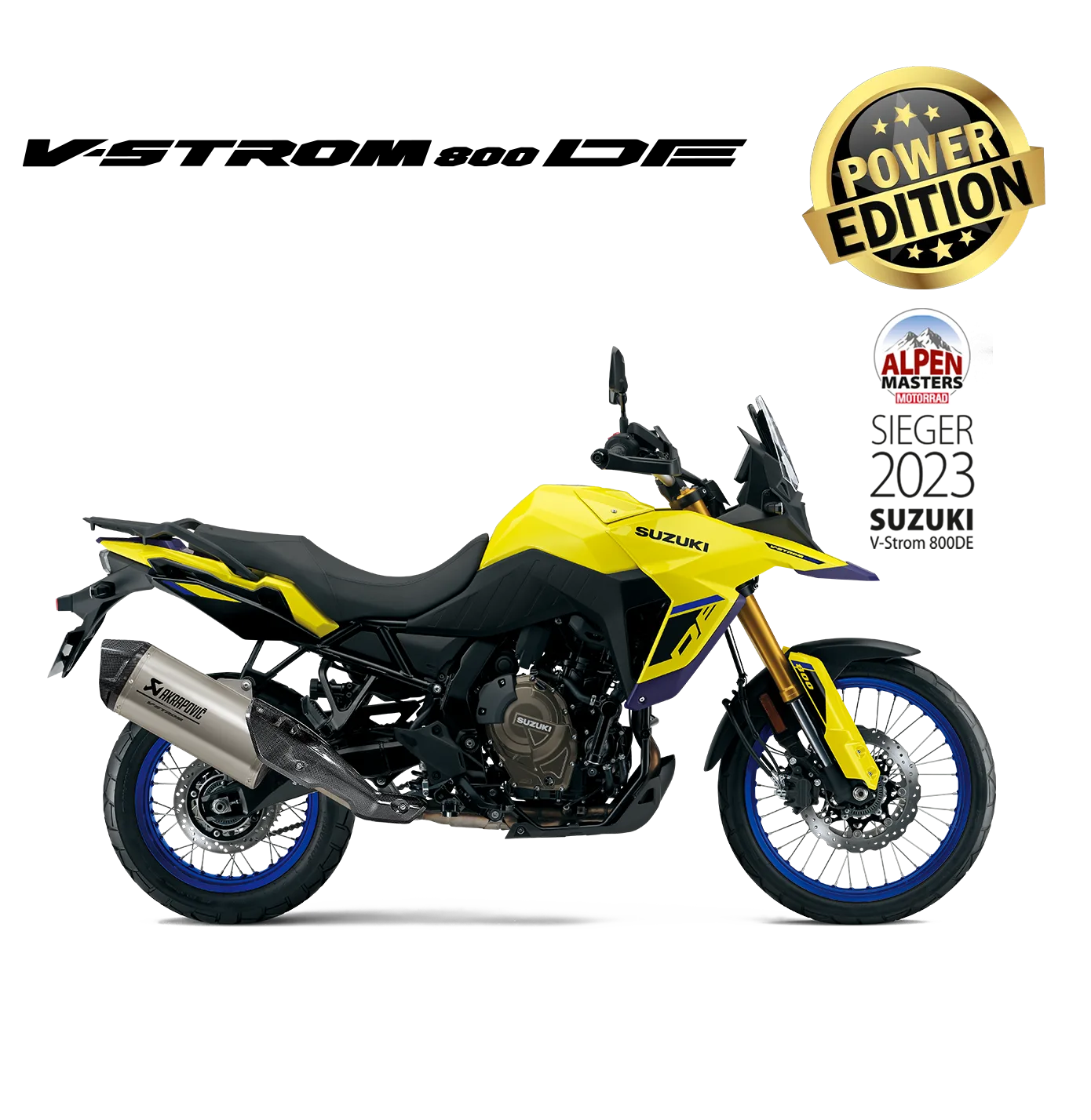 Gelbe Suzuki V-Strom 800DE Power Edition mit Akrapovič Endschalldämpfer, seitliche Ansicht