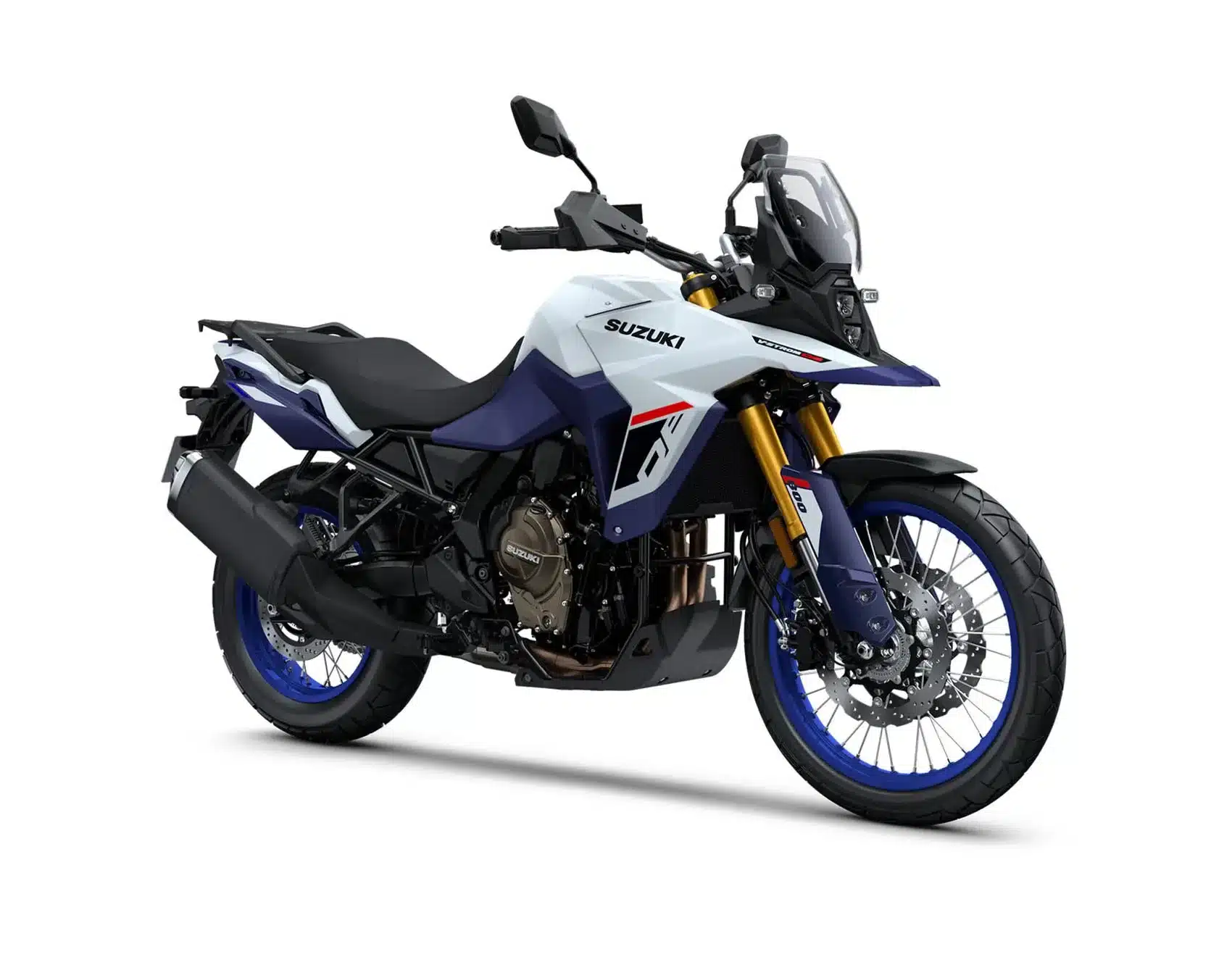 Seitenansicht der Suzuki V-Strom 800DE Reiseenduro in Weiß-Blau mit goldener Gabel und Speichenrädern.