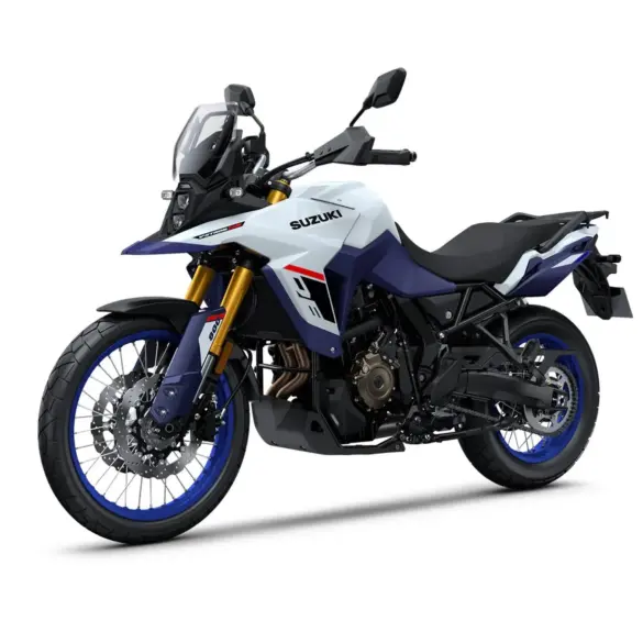 Suzuki V-Strom 800DE Motorrad in weiß-blauer Lackierung, seitliche Ansicht auf Studiomotiv.
