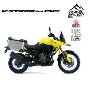 Seitenansicht der Suzuki V-Strom 800DE Travel Edition mit Aluminium-Seitenkoffern.