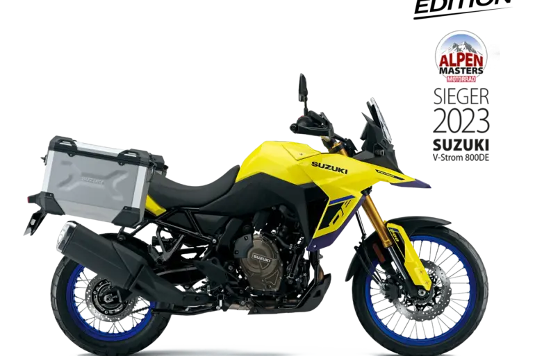 Seitenansicht der Suzuki V-Strom 800DE Travel Edition mit Aluminium-Seitenkoffern.
