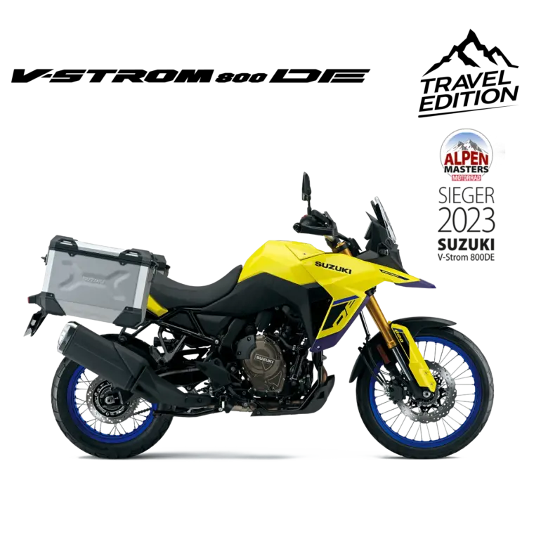 Seitenansicht der Suzuki V-Strom 800DE Travel Edition mit Aluminium-Seitenkoffern.