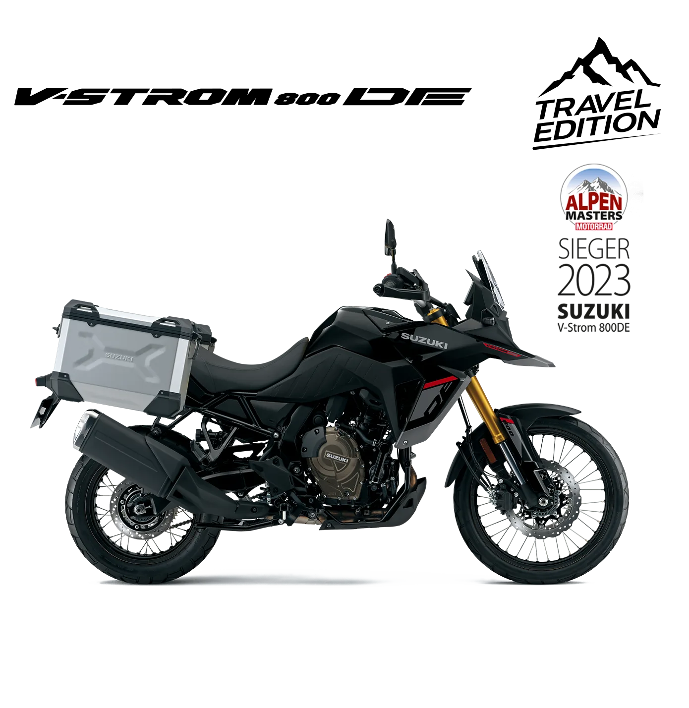 Suzuki V-Strom 800DE Travel Edition in Seitenansicht mit Aluminium-Seitenkoffern