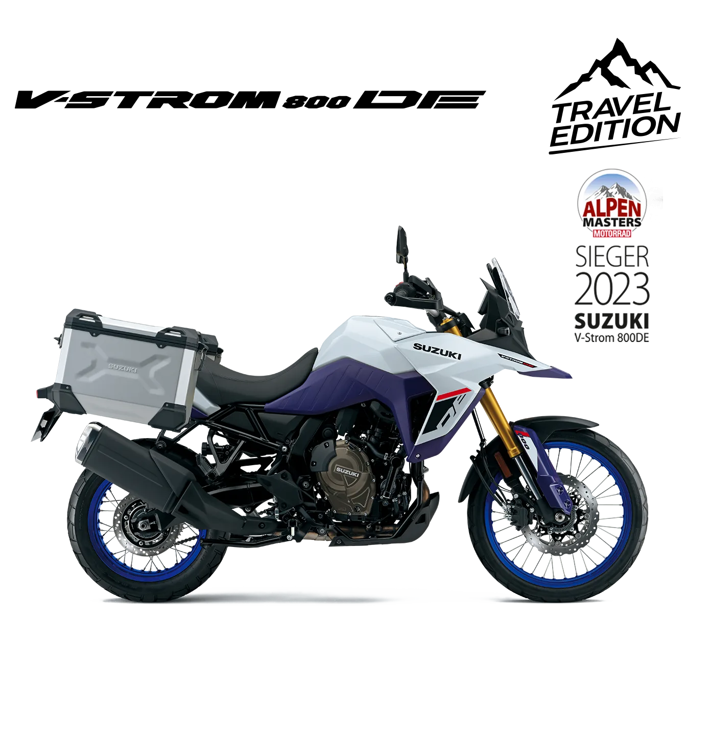 Suzuki V-Strom 800DE Travel Edition mit montierten Aluminium-Seitenkoffern und goldener Upside-Down-Gabel, seitliche Ansicht.
