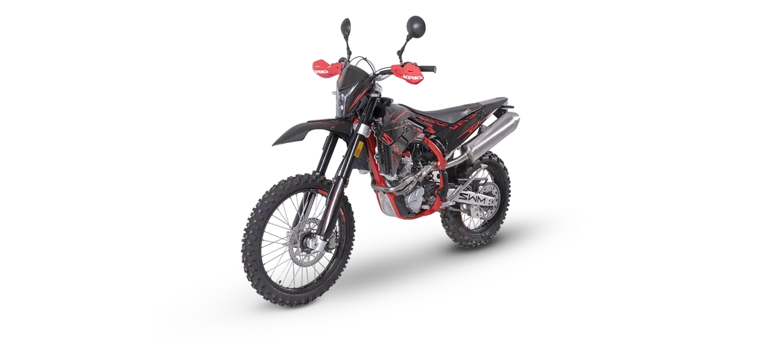 Seitenansicht der SWM RS 300 R, ein sportliches Enduro-Motorrad mit schwarz-roter Lackierung