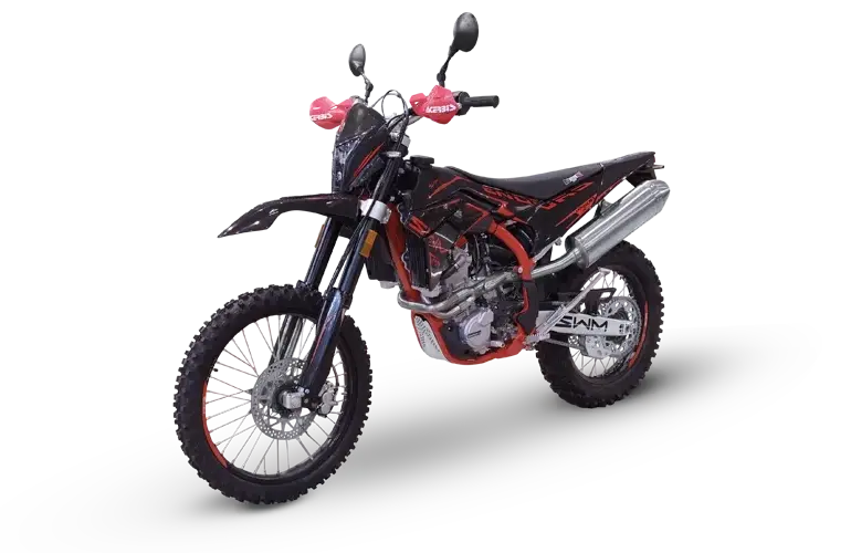 SWM RS 500 R Enduro-Motorrad in Schwarz-Rot mit grobstolliger Bereifung und LED-Lichtanlage