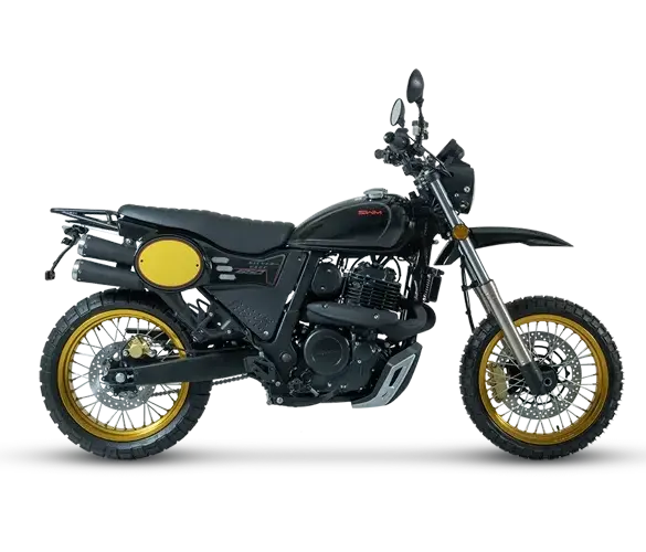 Seitenansicht der SWM Silver Vase 650 Scrambler mit gelben Felgenringen.