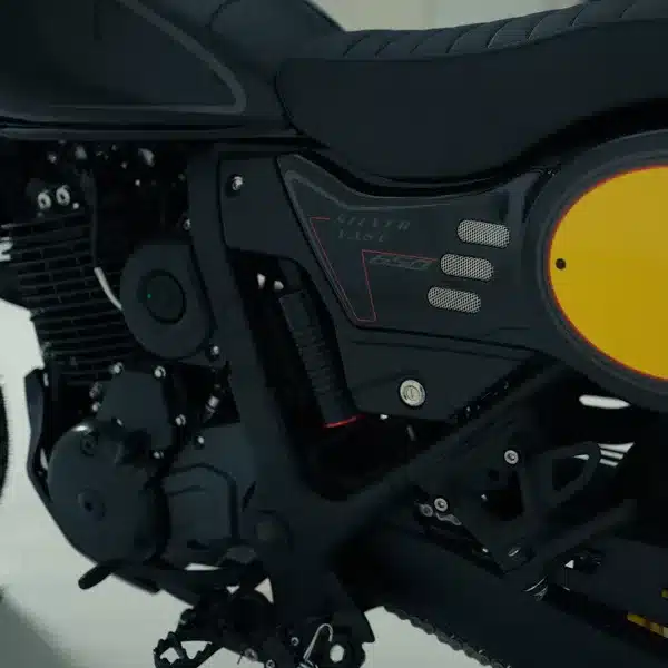 Detailfoto des Motor- und Seitenbereichs einer SWM Silver Vase 650 Scrambler mit gelbem Seitendeckel