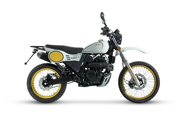 Seitenansicht der SWM Silver Vase 650 im klassischen Scrambler-Stil mit gelben Felgen und stählernem Rahmen.