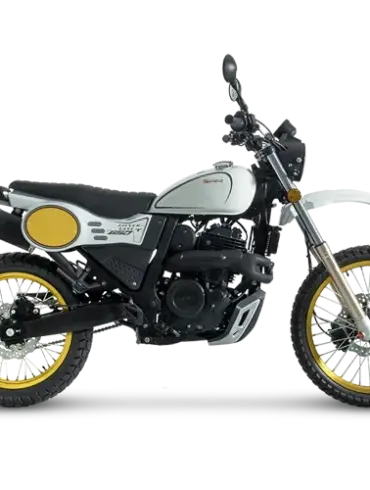 SWM Silver Vase T 650 Motorrad mit goldenen Felgen in Seitenansicht vor weißem Hintergrund