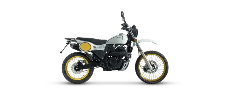 SWM Silver Vase T 650 Motorrad mit goldenen Felgen in Seitenansicht vor weißem Hintergrund