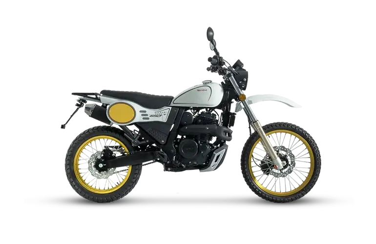 SWM Silver Vase T 650 Motorrad mit goldenen Felgen in Seitenansicht vor weißem Hintergrund