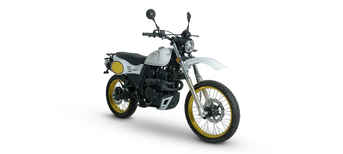 SWM Silver Vase T 650 Scrambler-Motorrad mit goldenen Felgen und klassischem Design