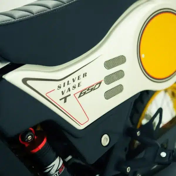 Seitendeckel mit Silver Vase T 650 Beschriftung und Sitzbank eines Motorrads