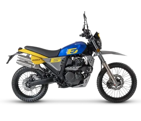 Seitenansicht der SWM SIX6 650 SuperSix mit blau-gelbem Tank, hochgelegtem Auspuff und grobstolligen Reifen.