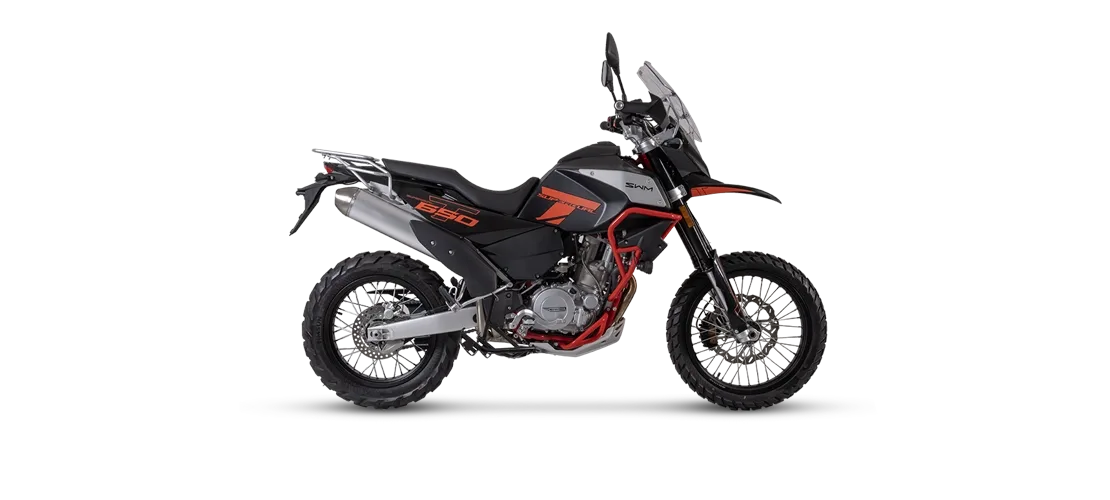 SWM Superdual T Motorrad in Seitenansicht, matt grau-schwarz mit roten Akzenten, Enduro-Design