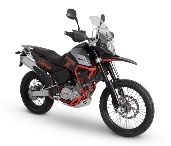 SWM Superdual T Reiseenduro Motorrad in grau-schwarzer Farbgebung mit Speichenrädern und Windschild