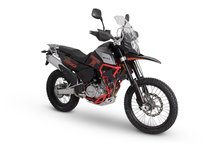 SWM Superdual T Reiseenduro Motorrad in grau-schwarzer Farbgebung mit Speichenrädern und Windschild