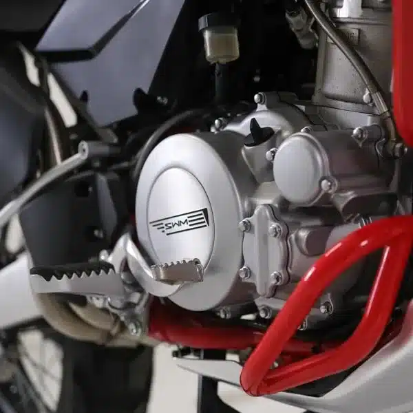Nahaufnahme des Motors einer SWM Superdual T mit rotem Rahmen und Fußrasten.