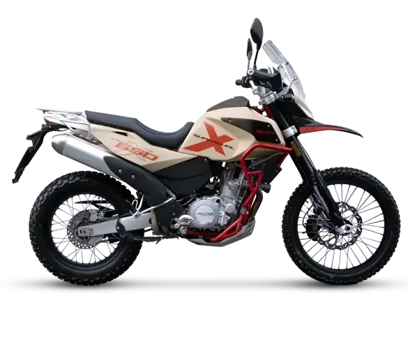 SWM Superdual X Motorrad, Seitenansicht, beige-rote Lackierung, Enduro-Bereifung, robustes Fahrwerk.