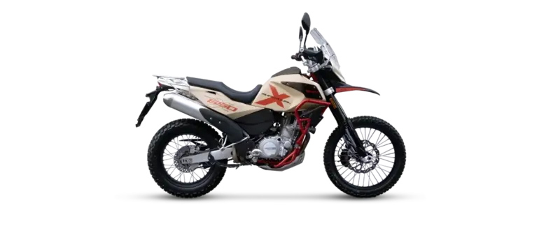 SWM Superdual X Motorrad, Seitenansicht, beige-rote Lackierung, Enduro-Bereifung, robustes Fahrwerk.