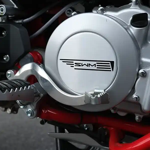 Nahaufnahme des Motors einer SWM Superdual X mit sichtbarem SWM-Logo und Fußraste.