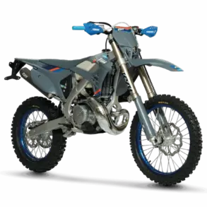 TM EN 250 ES Fi 2T Enduro-Motorrad in Grau und Blau auf dunklem Hintergrund