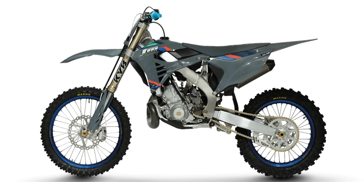 TM MX 300 ES 2T 2026 Motocross-Motorrad in Seitenansicht, grau-blaues Design mit Kayaba-Fahrwerk