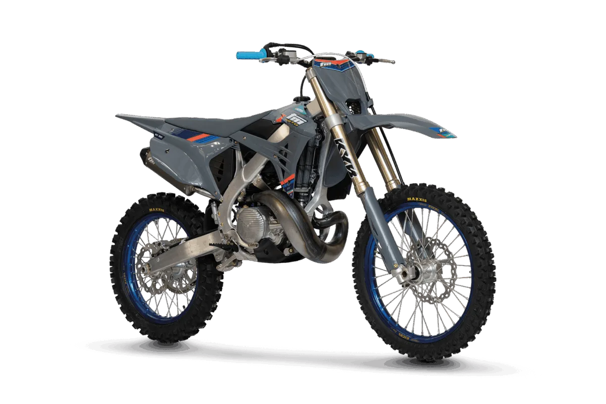 TM MX 300 ES FI 2T Motocross-Motorrad in Grau und Blau mit Upside-down-Gabel und sportlichem Offroad-Design
