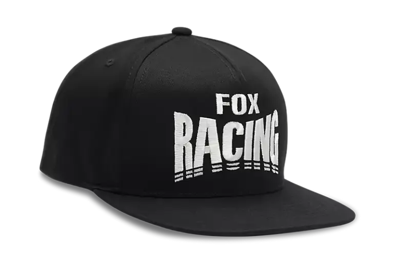 Schwarze Fox Racing Snapback-Cap mit gesticktem weißen Schriftzug auf der Vorderseite