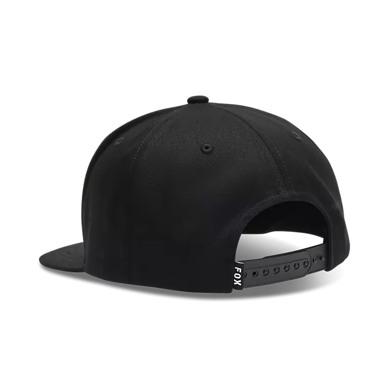 Schwarze Snapback-Cap aus Baumwolltwill, Rückansicht mit verstellbarem Kunststoffverschluss und gesticktem Logo.