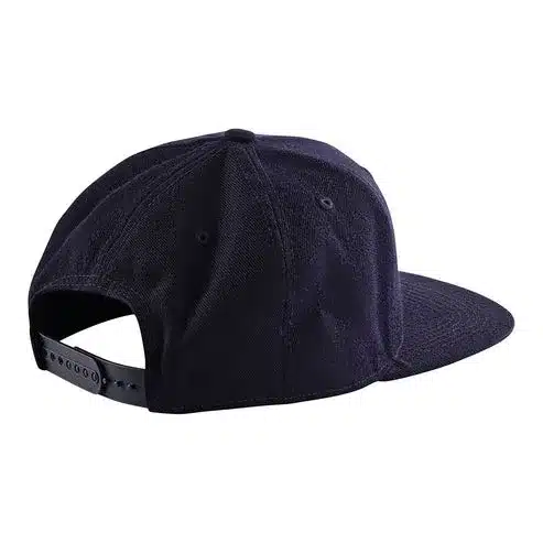 Rückansicht der Troy Lee Designs Snapback Kappe in Marineblau mit schwarzem Verschluss.