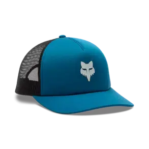 Blaue Trucker-Kappe mit schwarzem Mesh-Einsatz und Fox-Logo, Seitenansicht